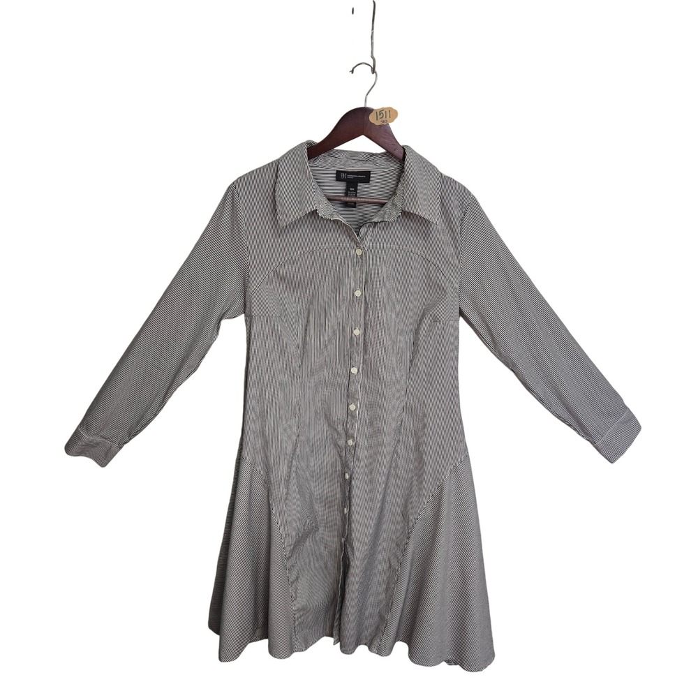 INC International Concepts Woman Striped Button Down Shirt Dress Black White 18W